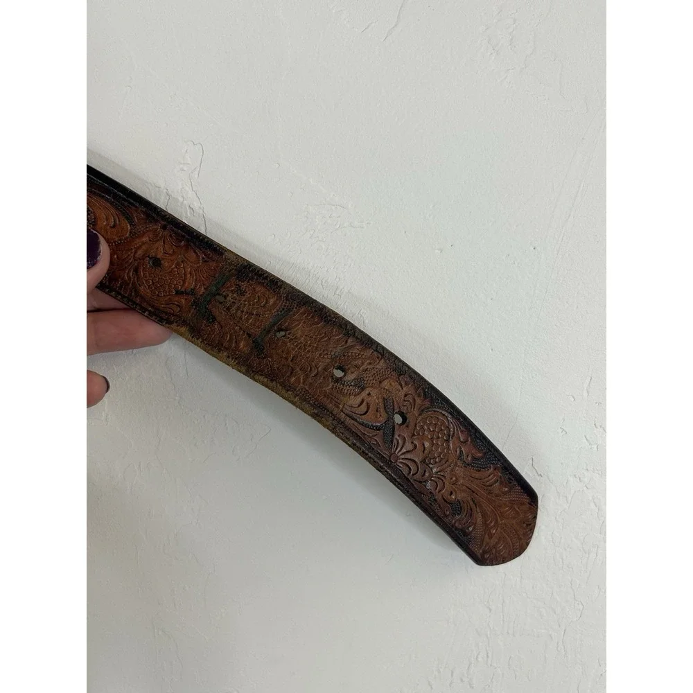 Leather Embossed Vintage Belt Brown Western Cowboy Boho Size 44 Retro Western